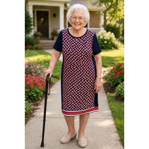 Michael Michael Kors Womens 1X Navy Red Geometric Print Shift Dress Short Sleeve